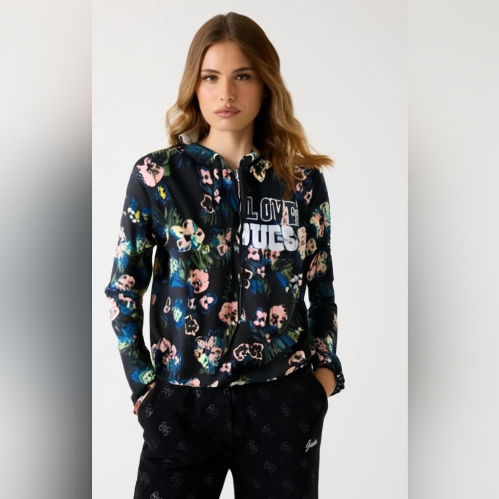 NWT Guess Black Floral Full Zip Hooded Sweatshirt
